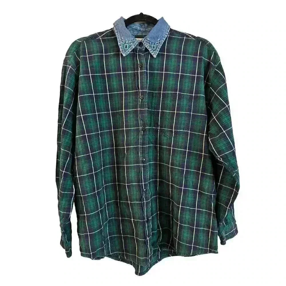 Vintage Westport Ltd Men’s Plaid Button Up Shirt Embroidered Denim Collar Size L